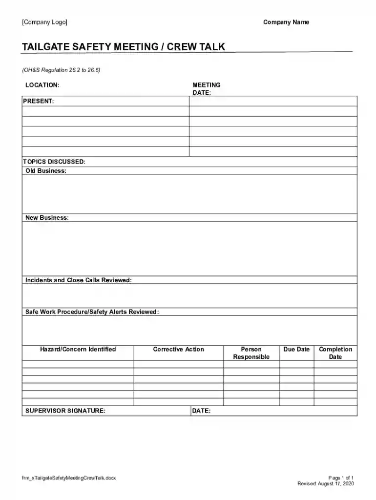 Tailgate Meeting Form Tailgate Safety Meeting Crew Talk Preview on Page 1