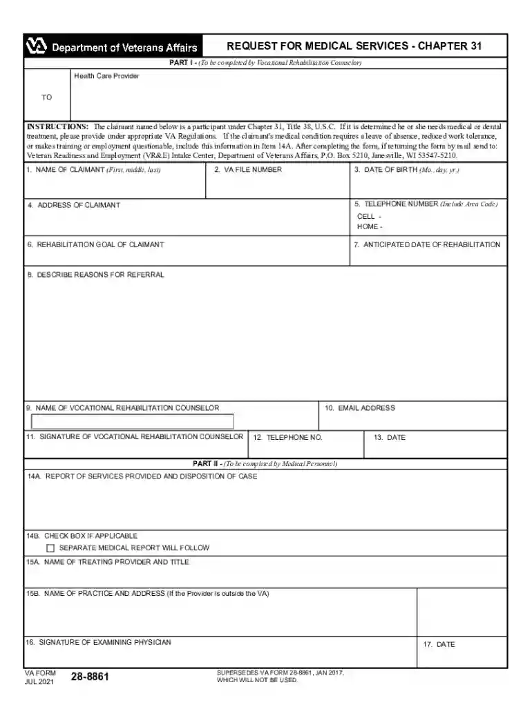 VA Form 28-8861 REQUEST FOR MEDICAL SERVICES - CHAPTER 31 Preview on Page 1