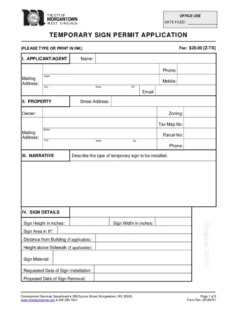 Z-TSTemp-Sign-Permit-App20180702 City of Morgantown, West Virginia Preview on Page 1