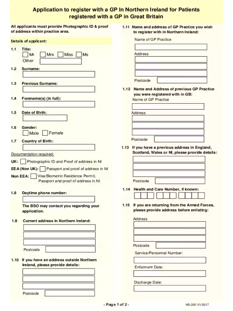HS200 Form - Application to register with a GP In Norther Ireland for Patients registered with a GP Preview on Page 1