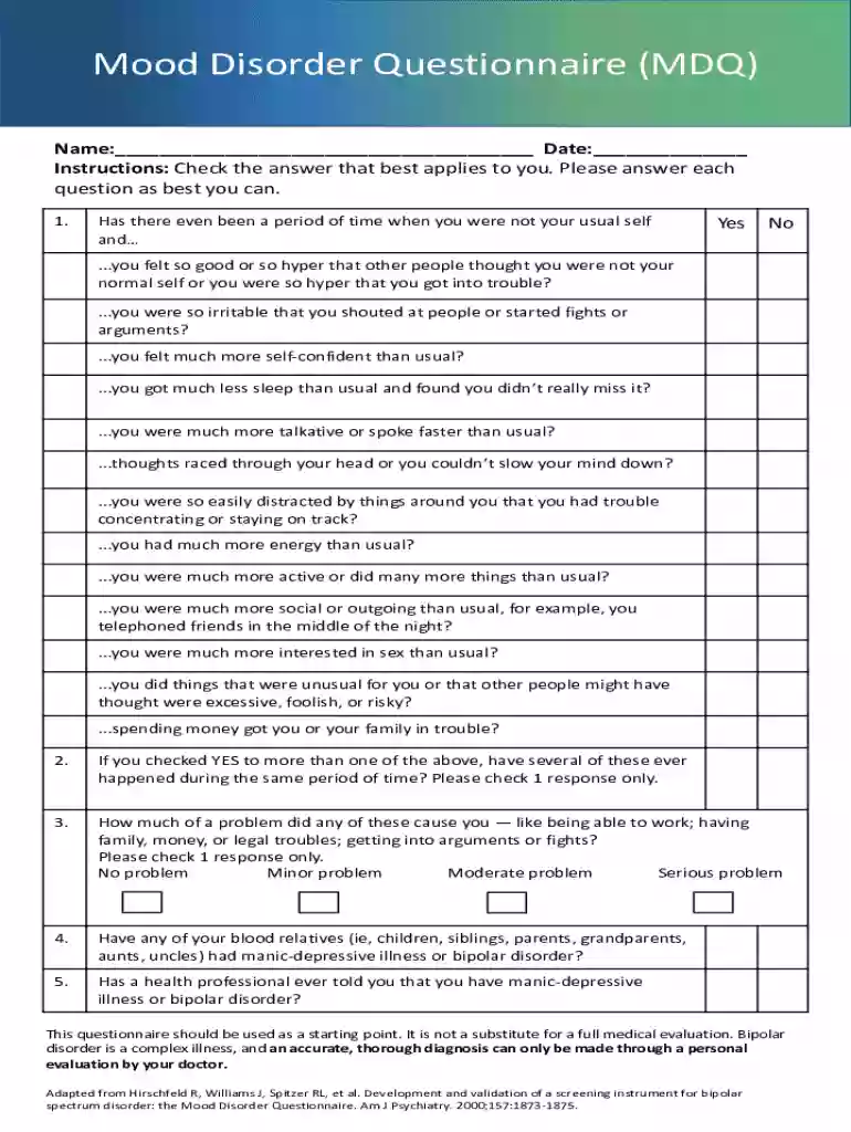 Cms-quality-bipolar disorder mdq screener - Mood Disorder Questionnaire Preview on Page 1