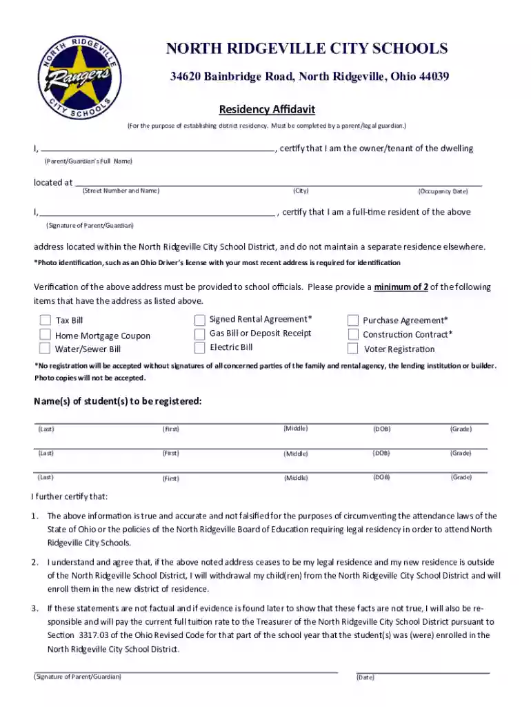 North Ridgeville Residency Affidavit Preview on Page 1