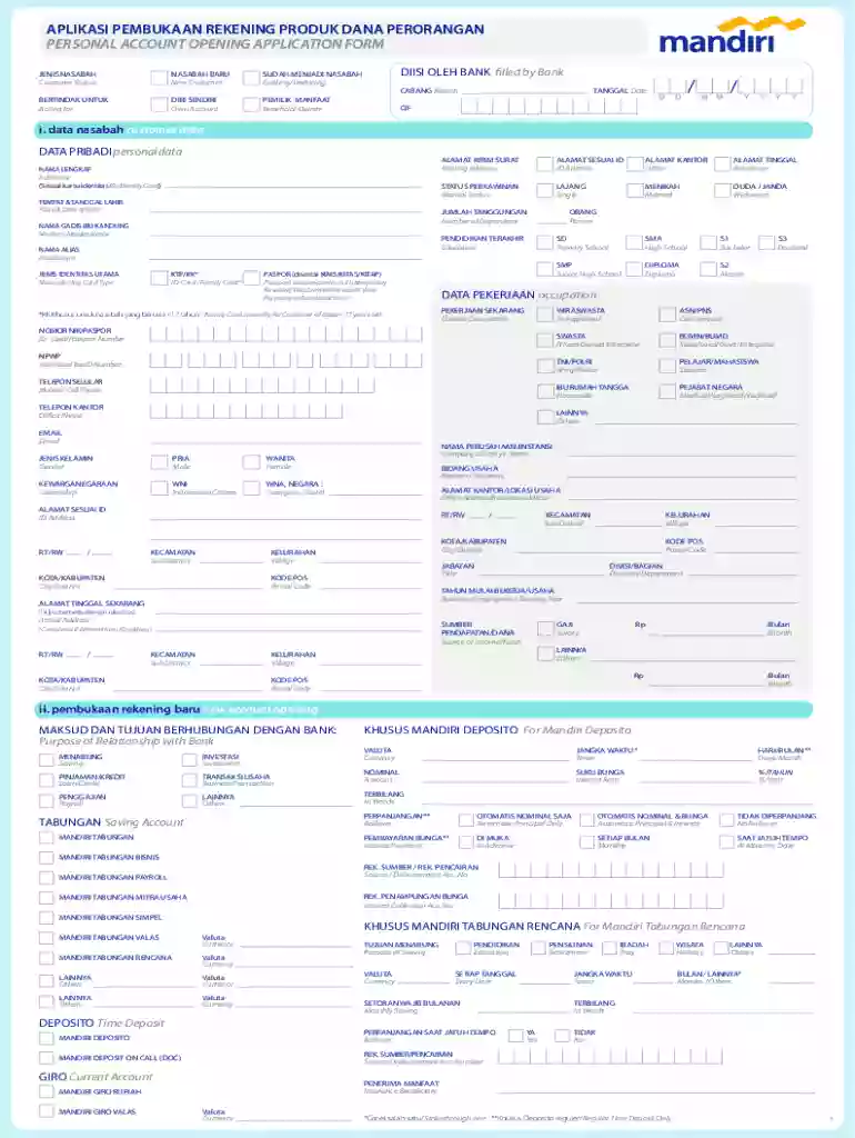 Bank Mandiri Personal Account Opening Application Form Preview on Page 1