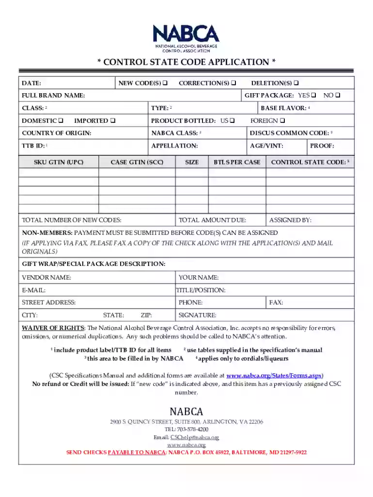 NABCA Control State Code Application Preview on Page 1