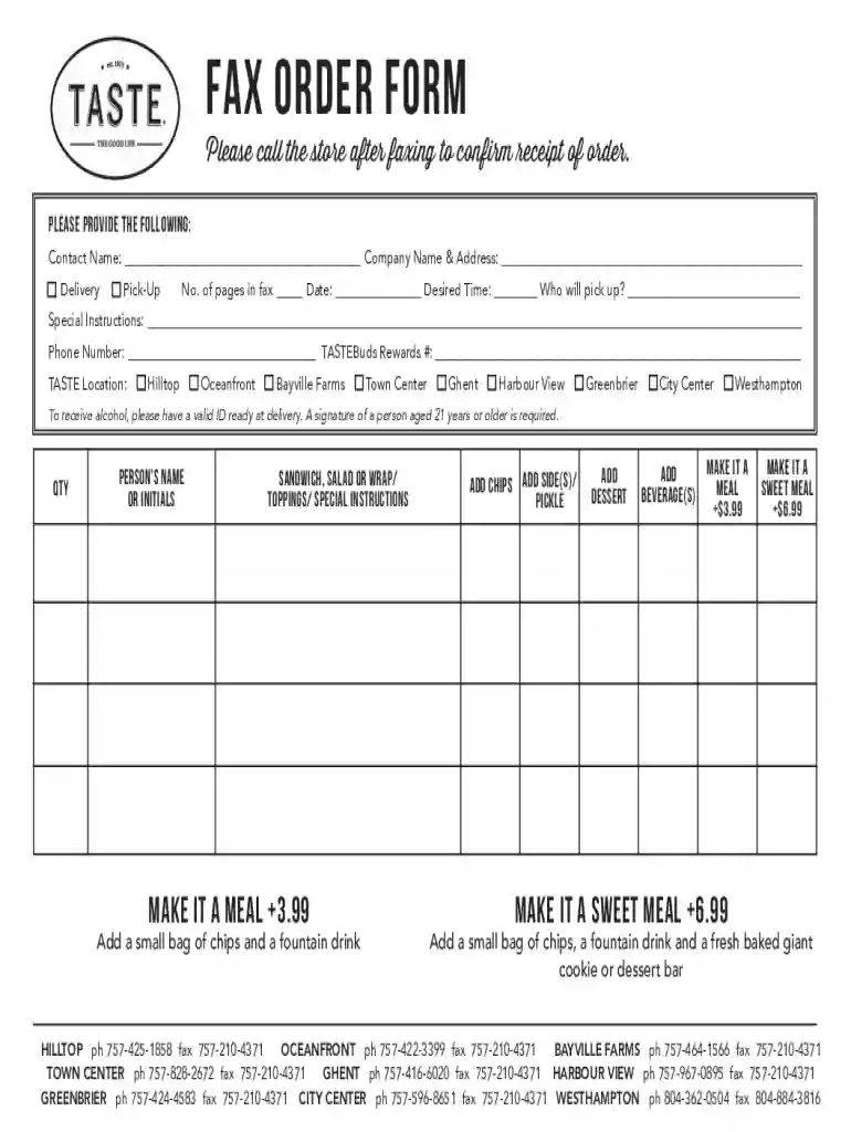 Taste Unlimited Fax Order Form - Fill and Sign Printable Template Preview on Page 1