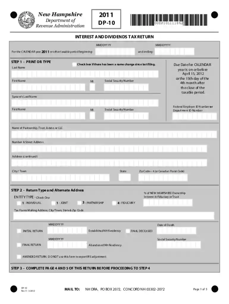 New Hampshire DP-10 Interest and Dividends Tax Return Preview on Page 1