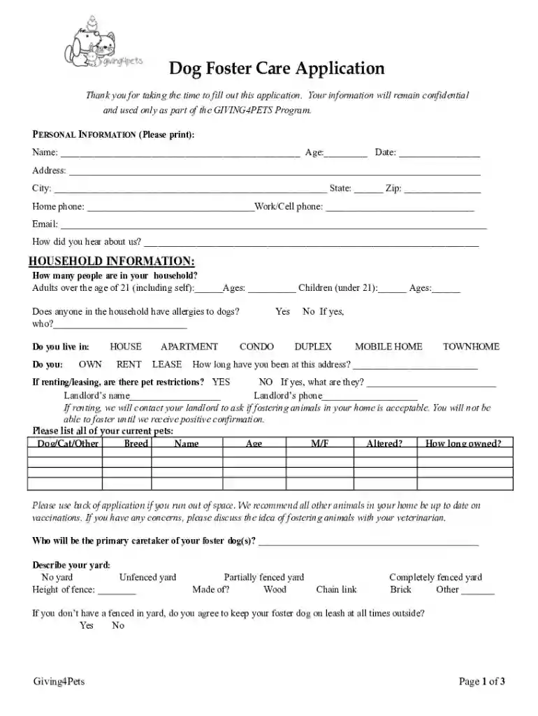 Dog Foster Application - Homeward Pet Preview on Page 1