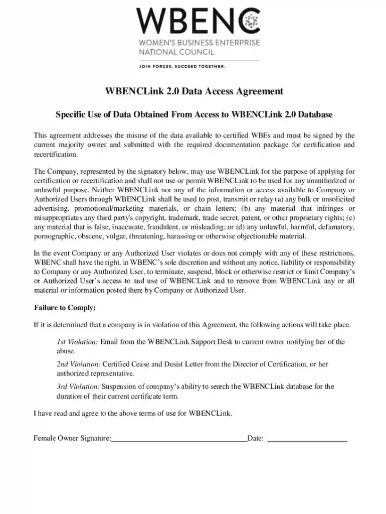 wbenc docsWBENCLinkUserAgreementWBENCLink 2 0 Data Access Agreement Preview on Page 1