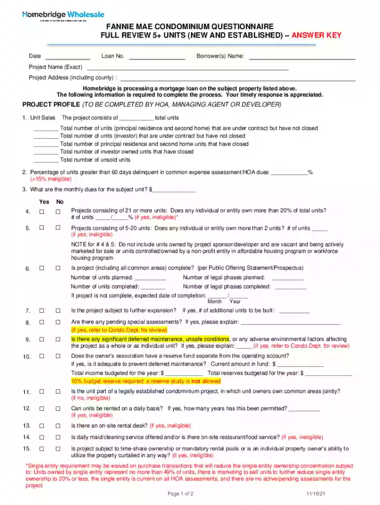 homebridgewholesale wp-content uploadsFANNIE MAE CONDOMINIUM QUESTIONNAIRE FULL REVIEW 5+ UNITS Preview on Page 1