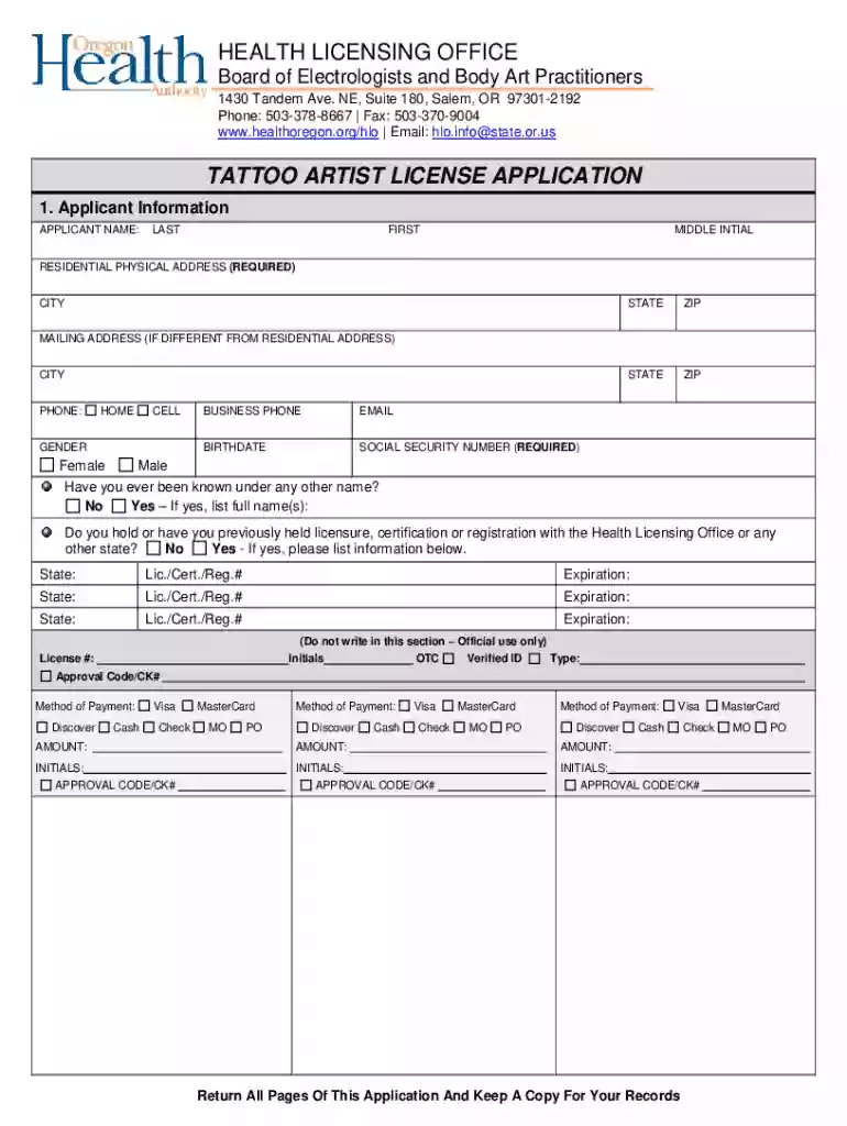 OR Electrology And Body Art Temporary Facility License Application Preview on Page 1