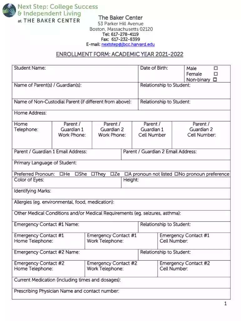 The Baker Center ENROLLMENT FORM Preview on Page 1
