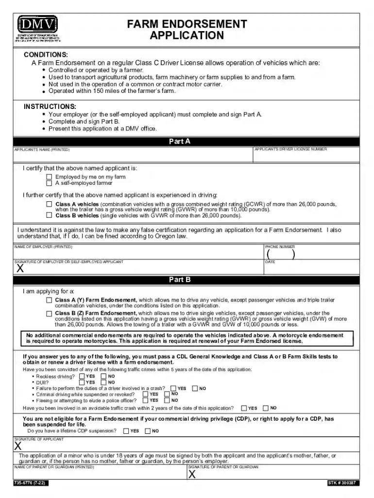 Oregon Farm Endorsement Application Preview on Page 1