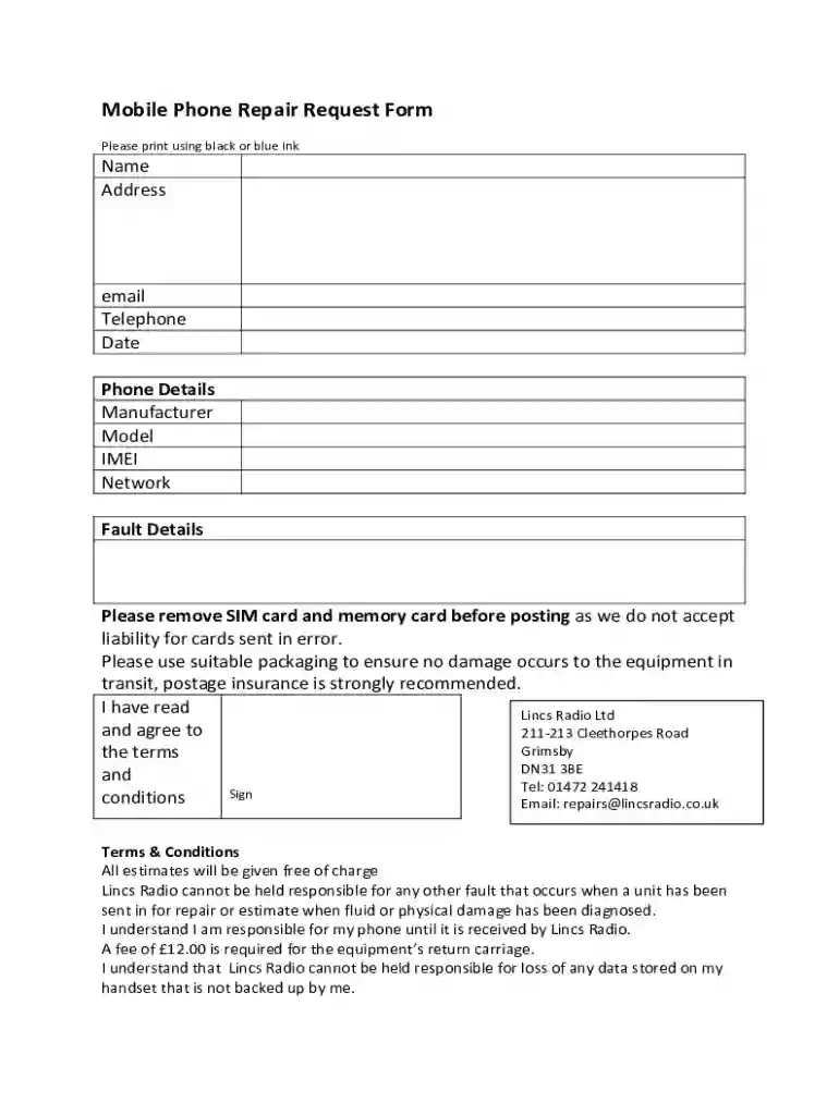 phone repair form Preview on Page 1
