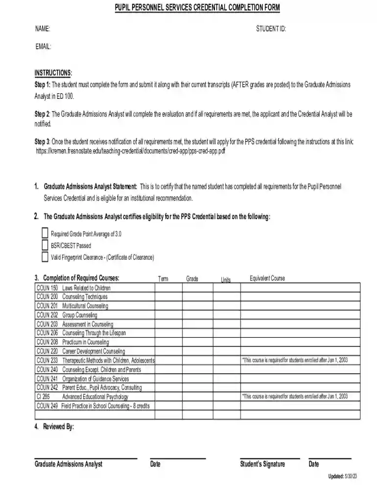 Pupil Personnel Services Credential Completion Form Preview on Page 1