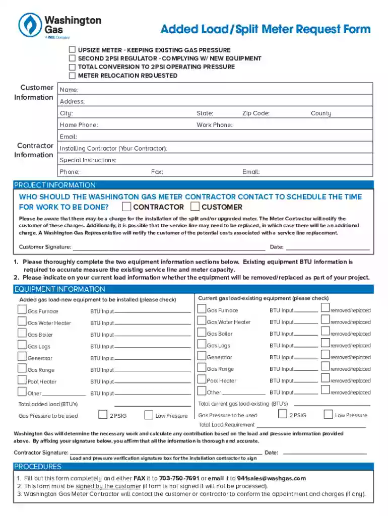 washingtongas home-ownerssavingsAdded Load Split Meter Request Form - washingtongas Preview on Page 1
