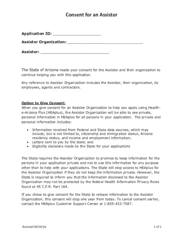 Arizona Assistor Consent Form Preview on Page 1