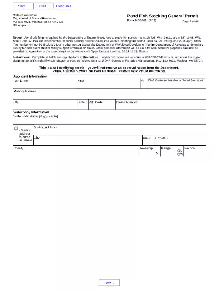 Form 9400-605 Pond Fish Stocking General Permit Form 9400-605 Pond Fish Stocking General Permit Preview on Page 1