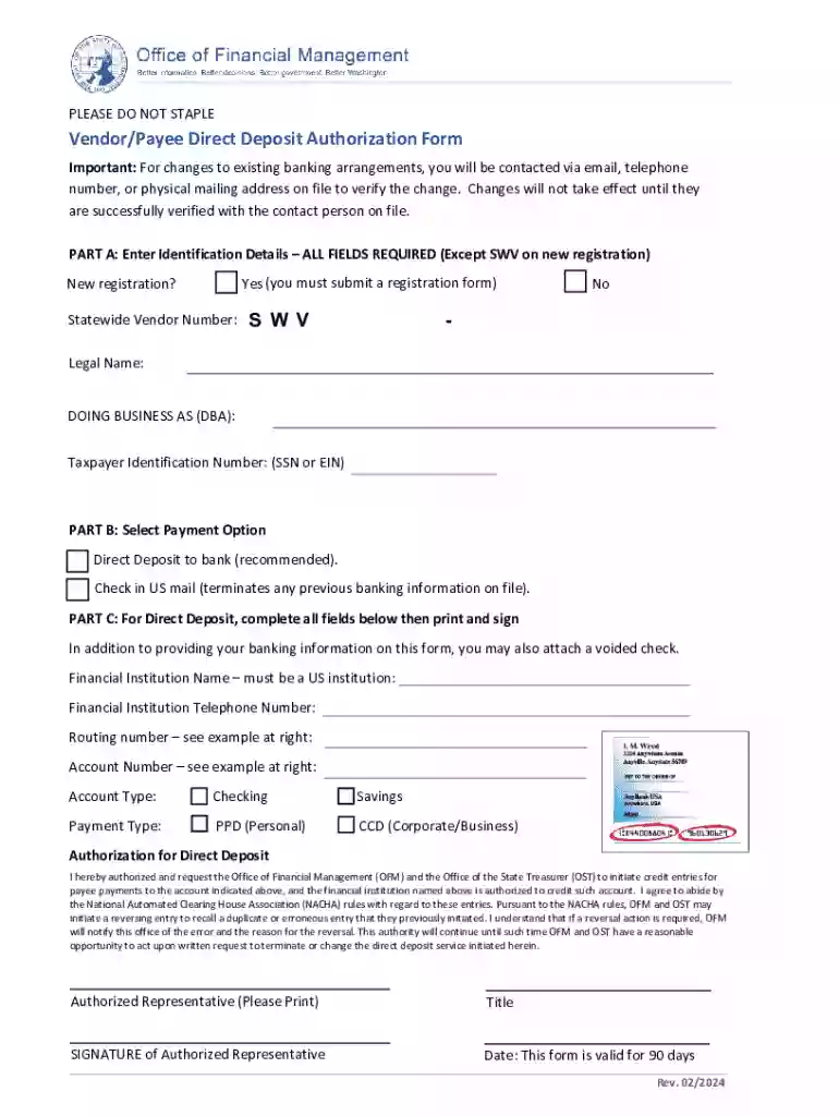 Vendor Payee Direct Deposit Authorization Form Preview on Page 1