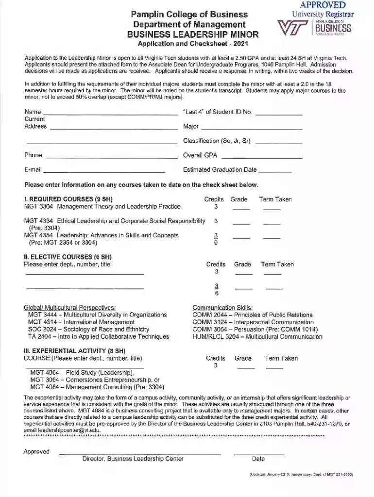 PDF BUSINESS LEADERSHIP MINOR Application and Checksheet - 2021 Preview on Page 1