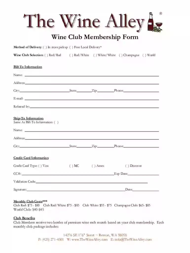 thewinealley documentsWine ClubWine Club Membership Form - The Wine Alley Preview on Page 1