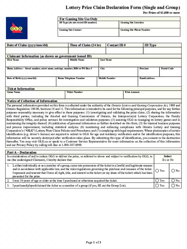 Lottery Prize Claim Declaration Form (Single and Group) - OLGClaim a PrizeCalifornia State LotteryCl Preview on Page 1