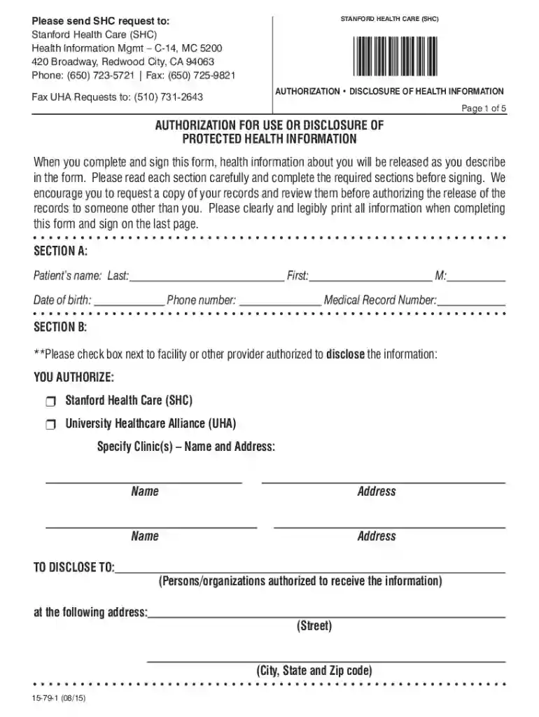 AUTHORIZATION FOR USE OR DISCLOSURE OF PROTECTED - Stanford Health Care Preview on Page 1