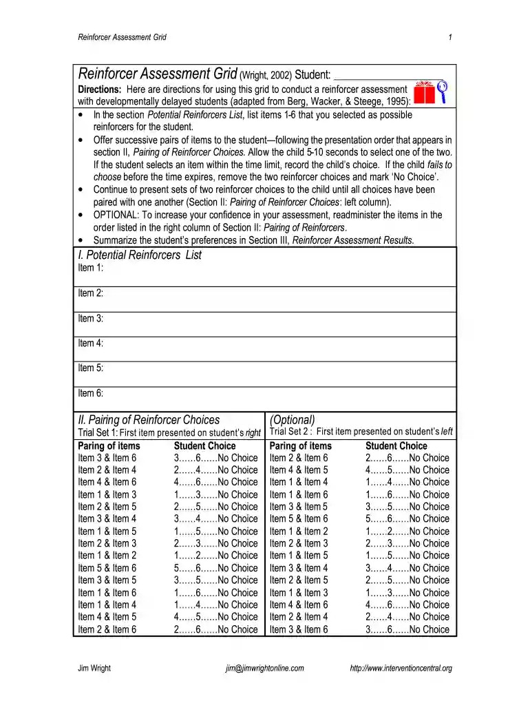 reinforcement assessment form Preview on Page 1