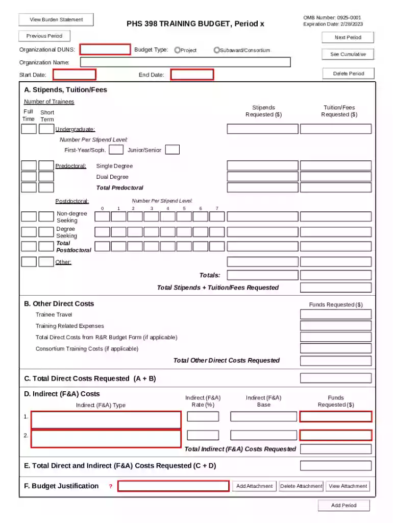 PHS 398 Training Budget Form Preview on Page 1