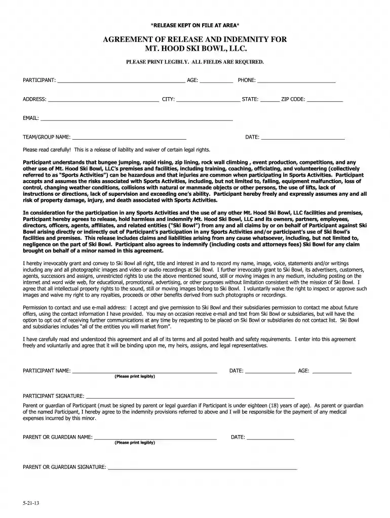 ski bowl waiver Preview on Page 1