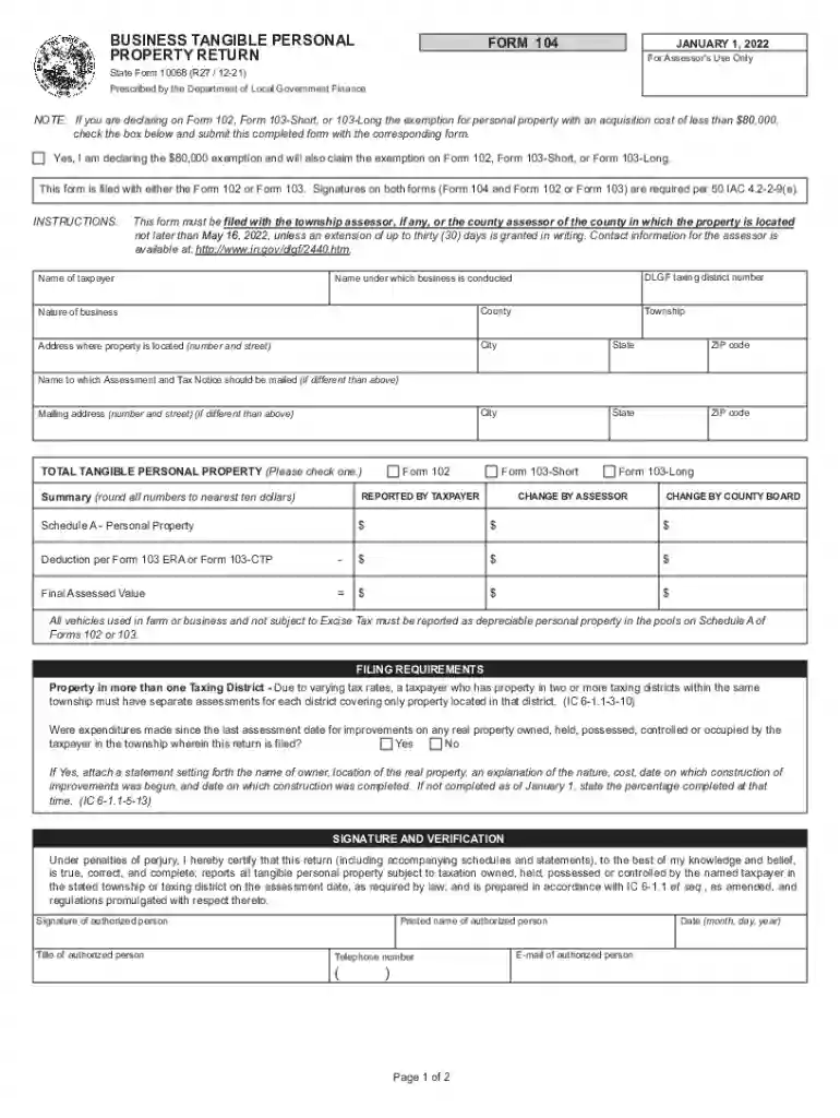 Indiana Business Tangible Personal Property Form 104 Preview on Page 1