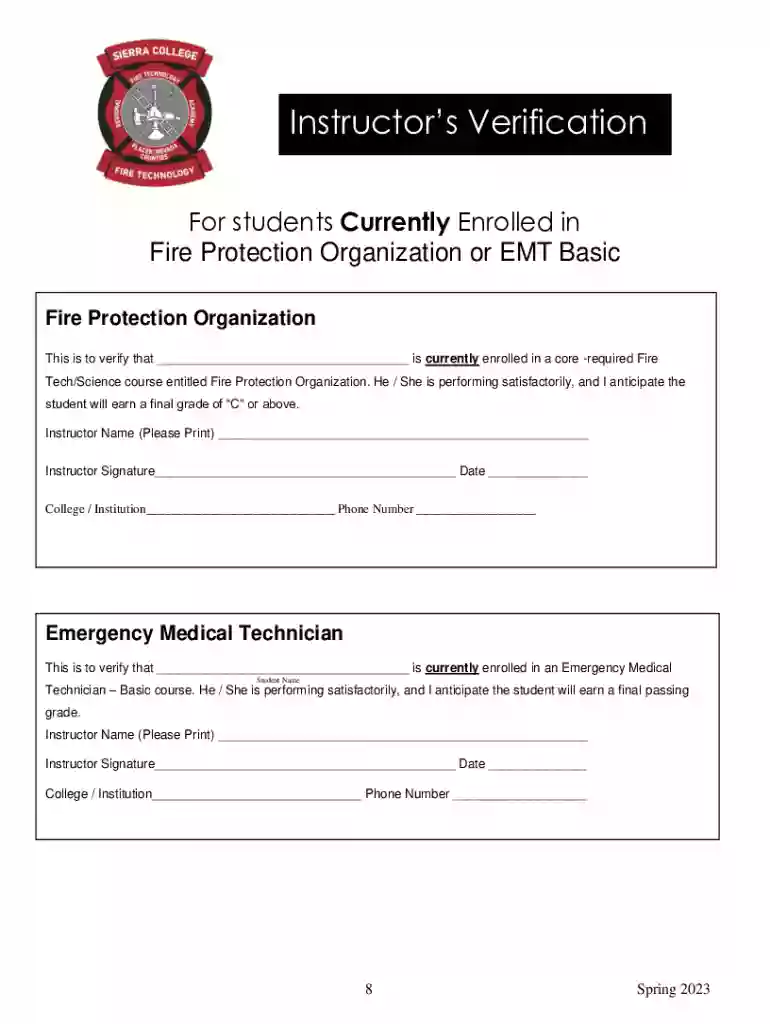 Sierra College Firefighter I and II Academy - Spring 2023 Fire Application Preview on Page 1