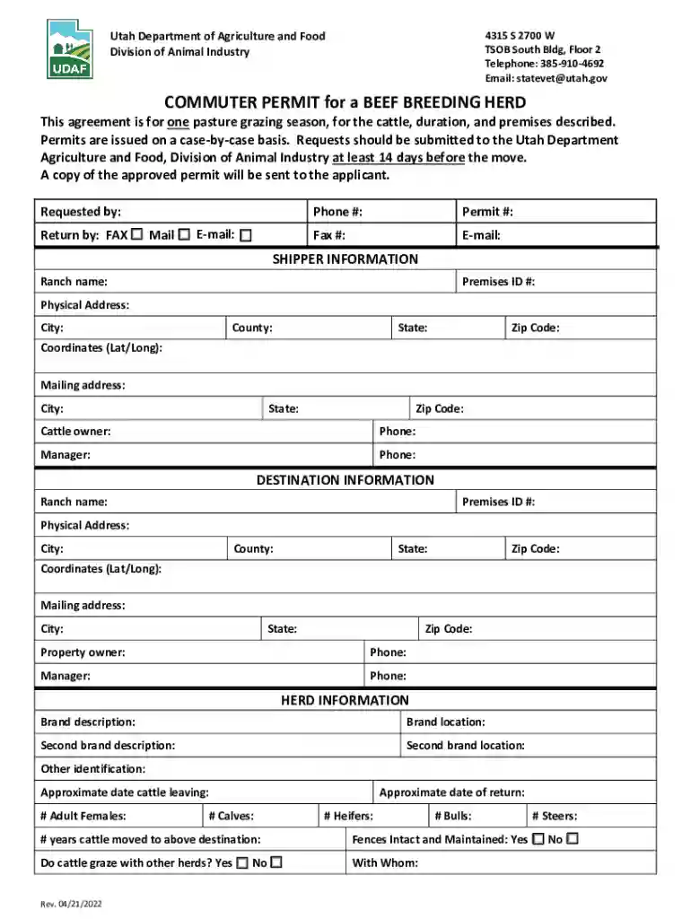 Telephone: Email: statevetutah COMMUTER PERMIT for a BEEF BREEDING Preview on Page 1