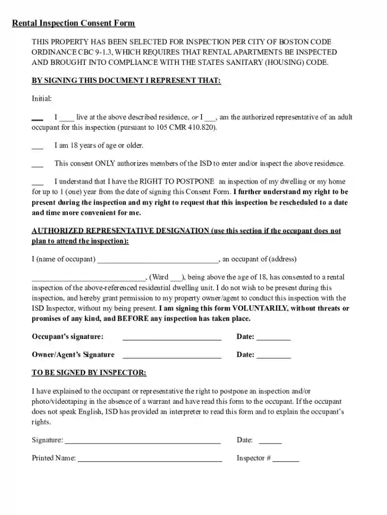 rental inspection consent form Preview on Page 1