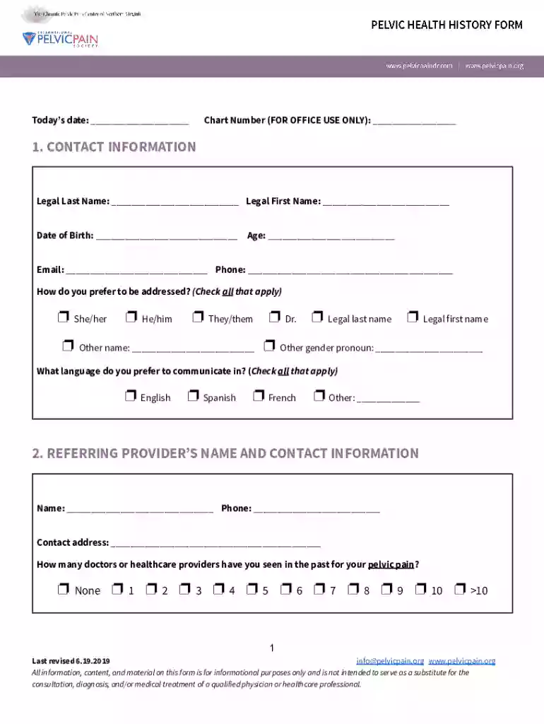 Pelvic Health History Form - PatientPop Preview on Page 1