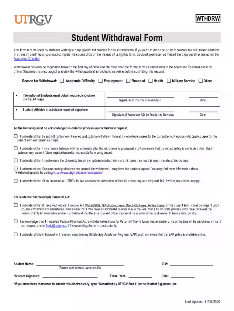 student withdrawal form Preview on Page 1