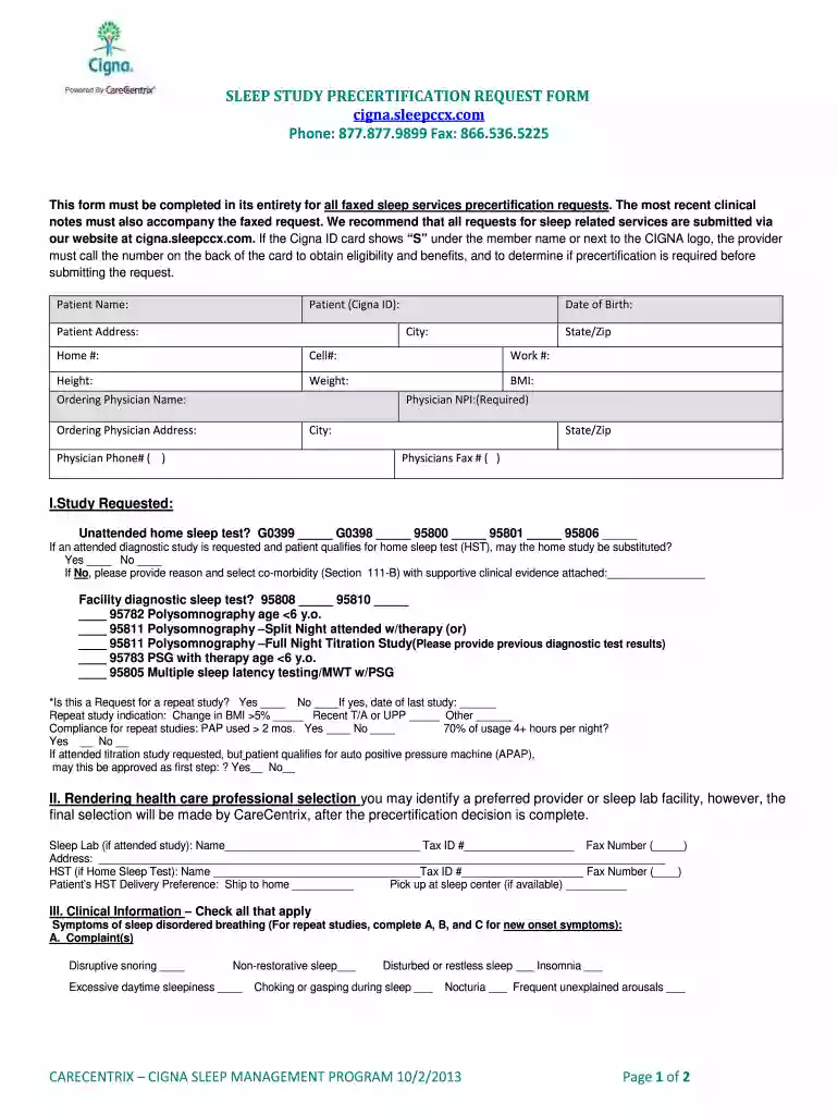 sleep study order form Preview on Page 1