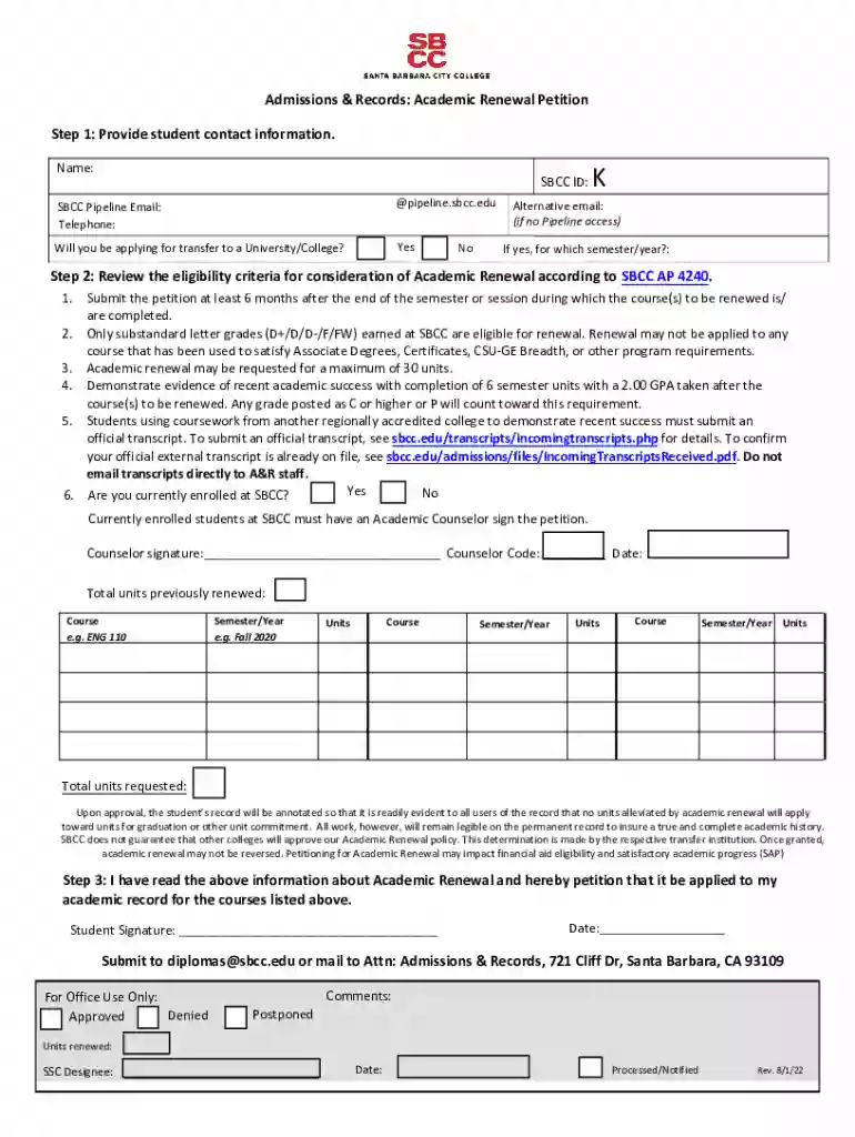 Academic RenewalAdmissions and RecordsForms - Santa Barbara City CollegeAcademic RenewalAdmissions and Records Preview on Page 1