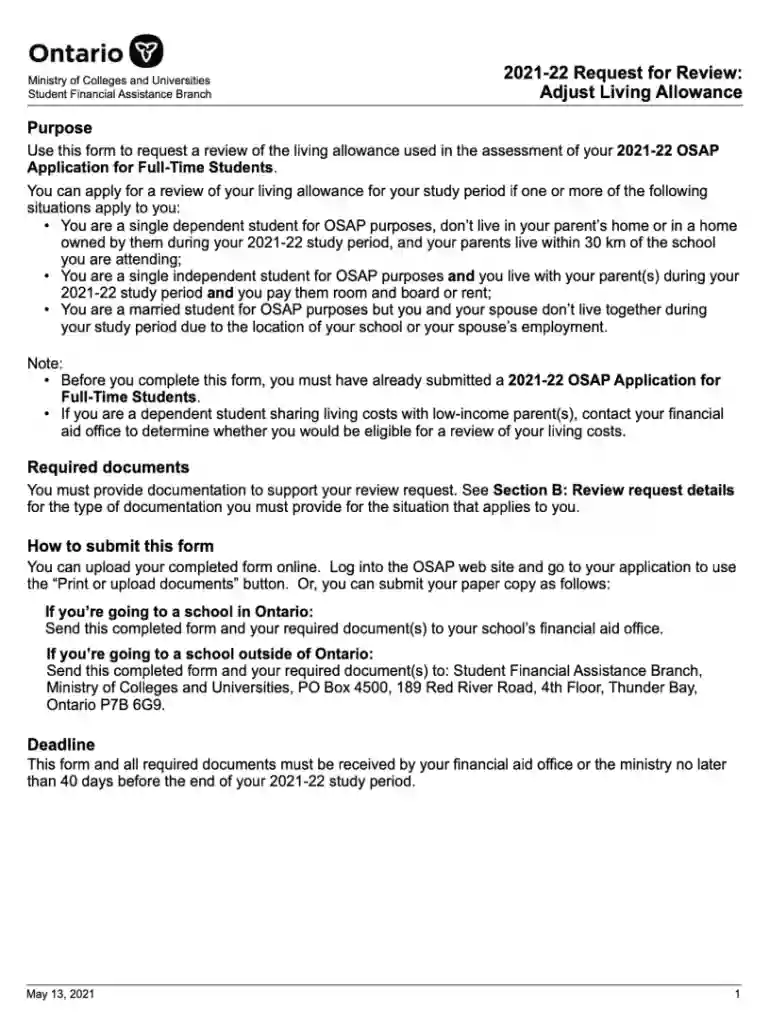 osap on caprdosapconsumgroups2021-22 Request for Review: Adjust Living Allowance - Ontario Preview on Page 1