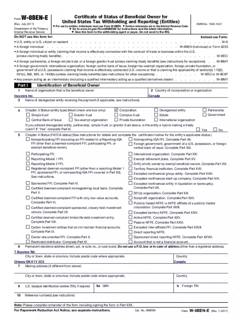 Form W-8BEN-E (Rev July 2017) - Webflow Preview on Page 1