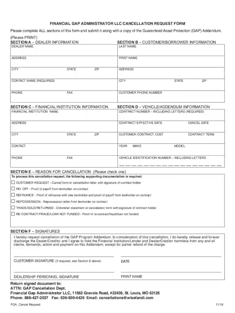 GAP Cancellation Request Form Preview on Page 1