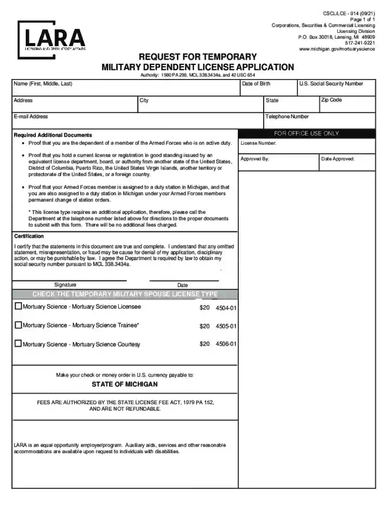 Request for Temporary Military Spouse License Application Preview on Page 1