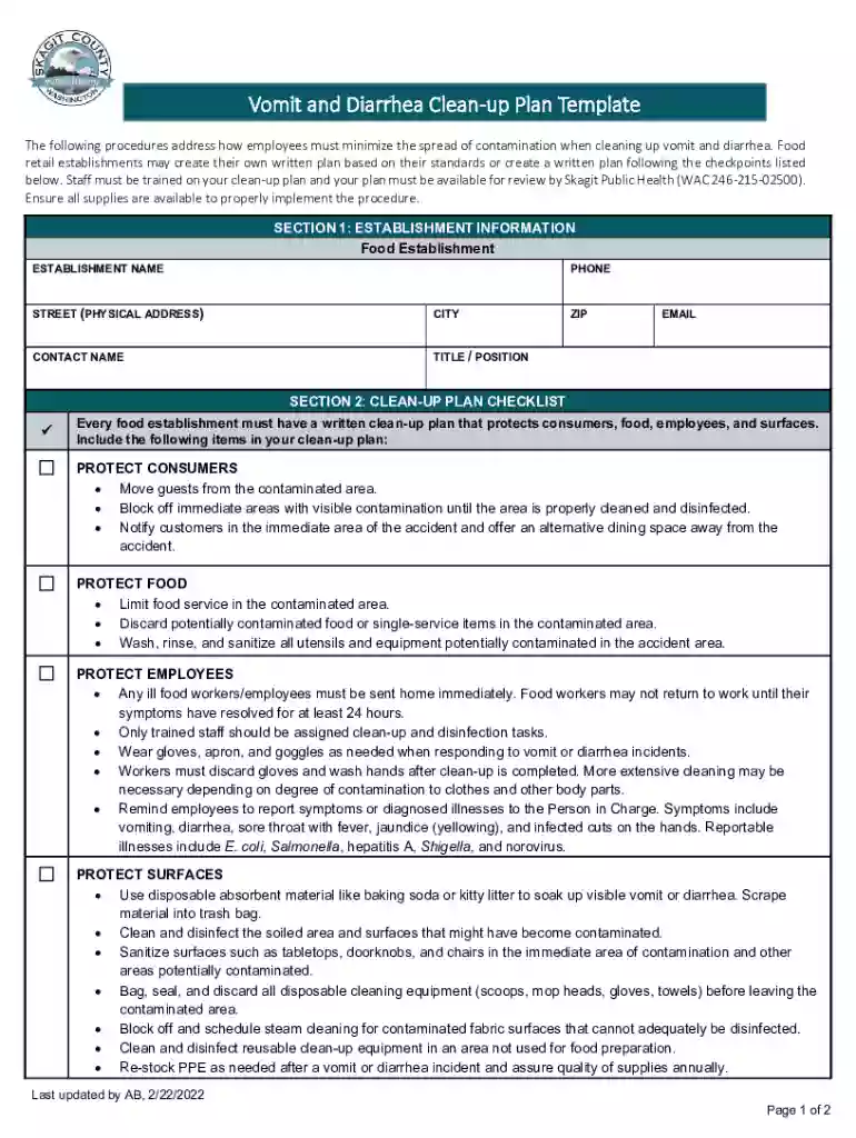 Vomit and Diarrhea Clean-up Plan Template - Skagit County, Washington Preview on Page 1