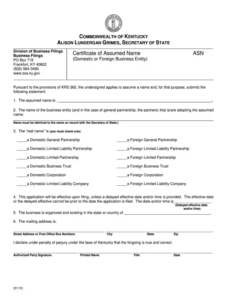 certificate of assumed name kentucky Preview on Page 1