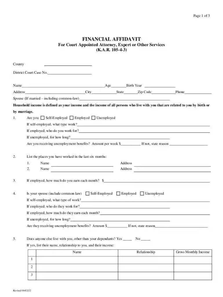 kansas financial affidavit Preview on Page 1