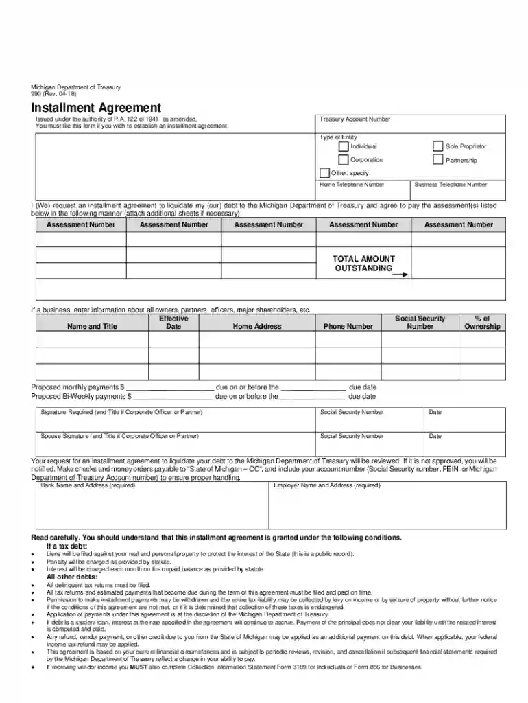 Michigan Installment Agreement Form 990US Legal Forms Preview on Page 1