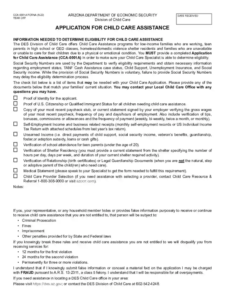 CCA-0001A - Application for Child Care Assistance Preview on Page 1