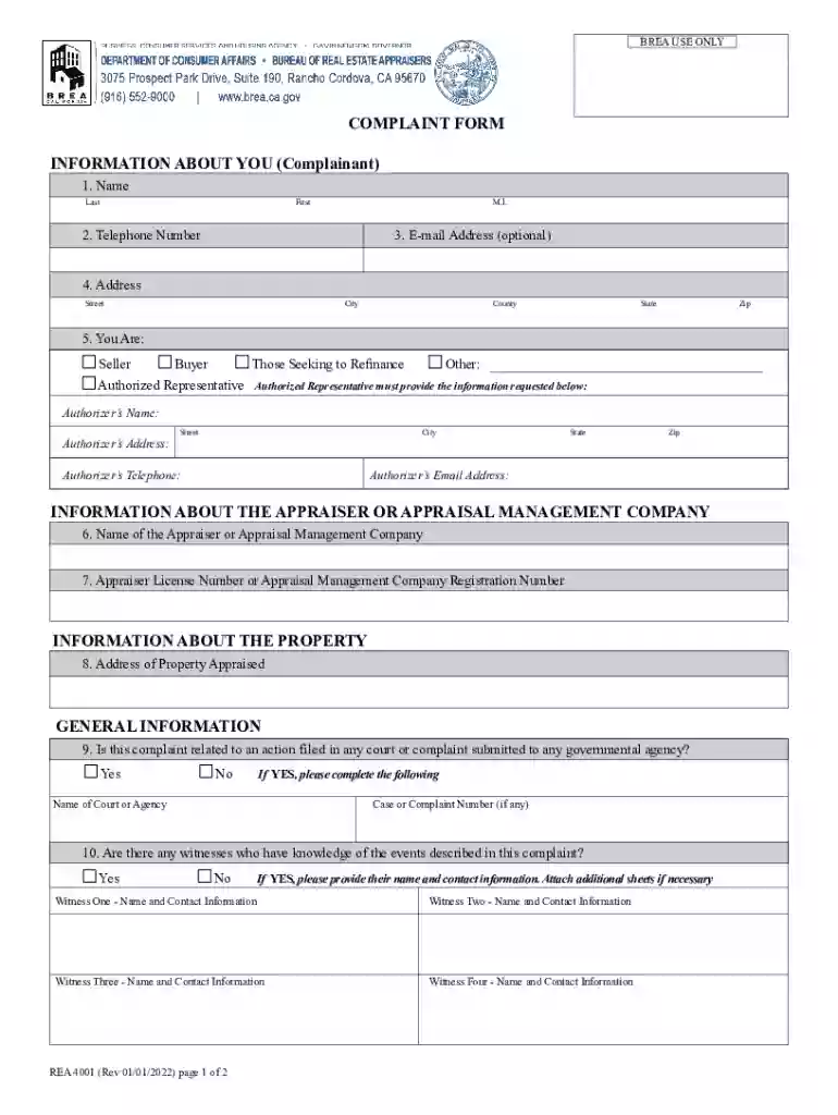 REA 4001. Complaint Form Preview on Page 1