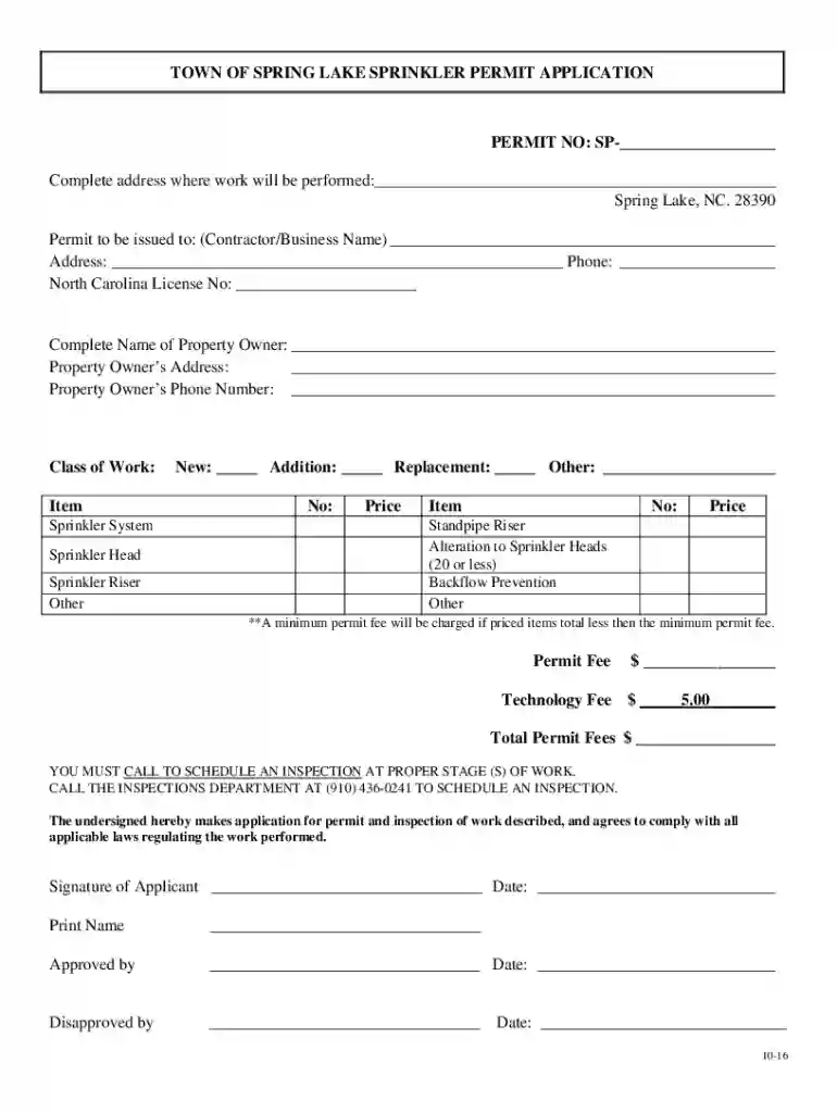 TOWN OF SPRING LAKE SPRINKLER PERMIT APPLICATION Preview on Page 1