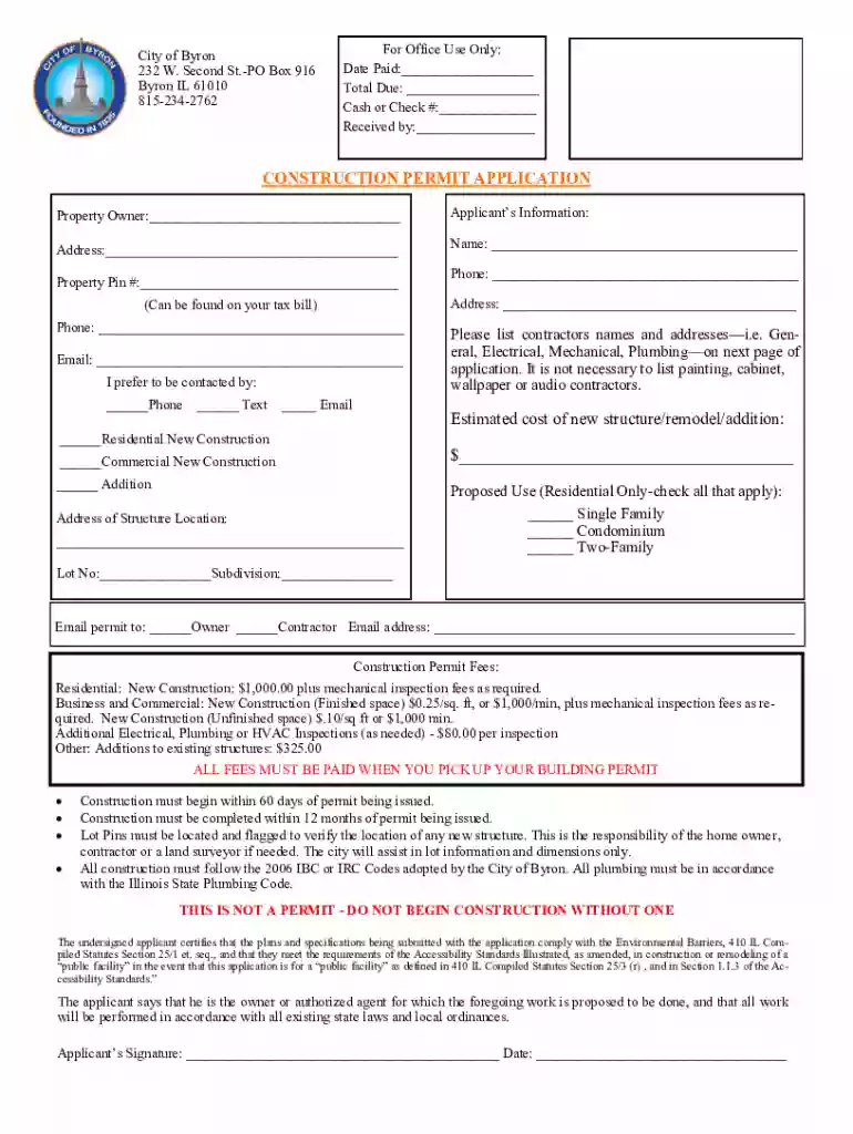 Construction Permit Application - Byron, IL Preview on Page 1