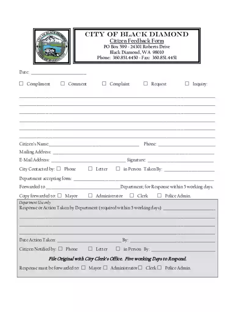 oldblackdiamondwebsite DeptsClerkCity of Black Diamond Citizen Feedback Form PO Box 599 Preview on Page 1